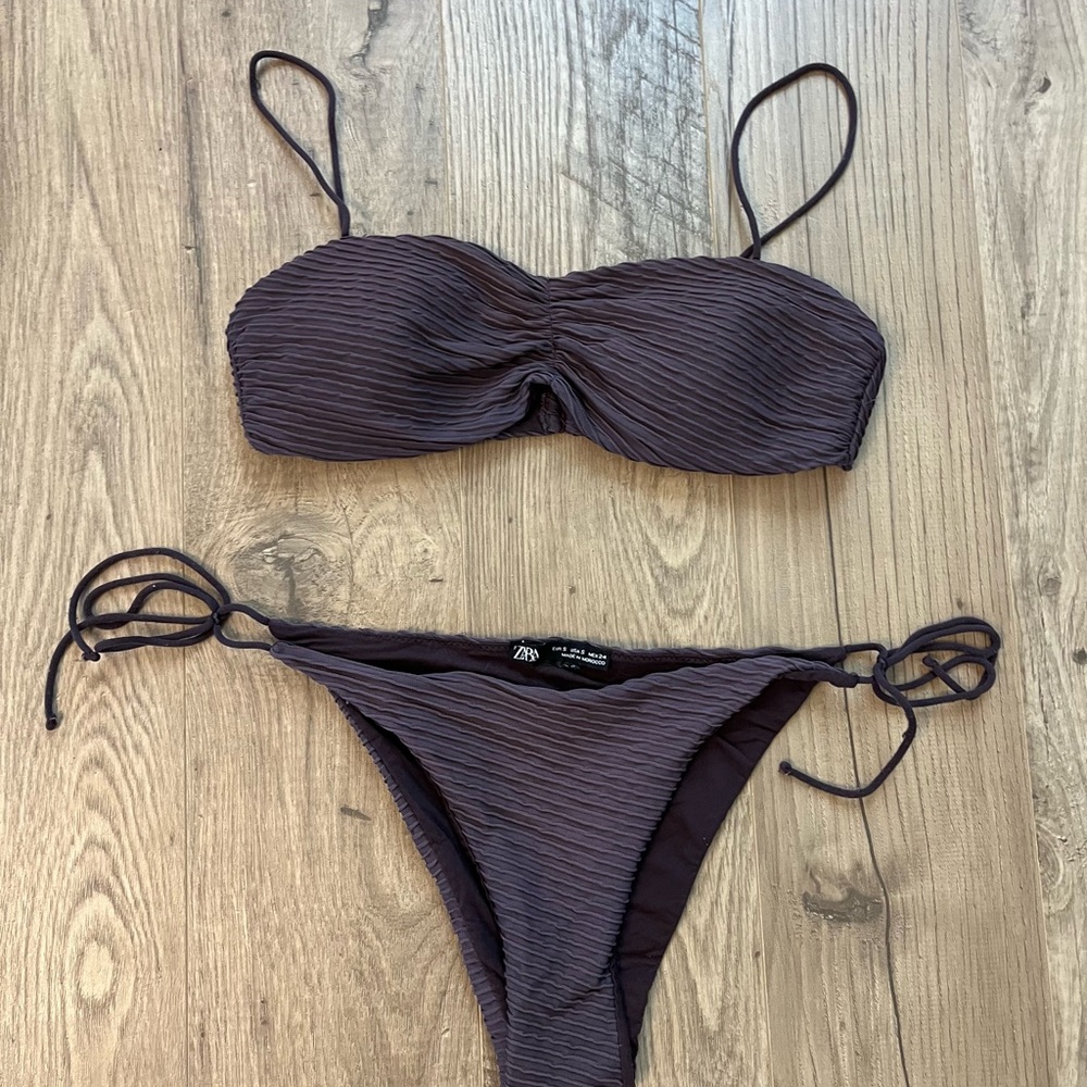 Zara Women's Brown / Dark Purple Tint Bikini Set Stretchy Ribbed